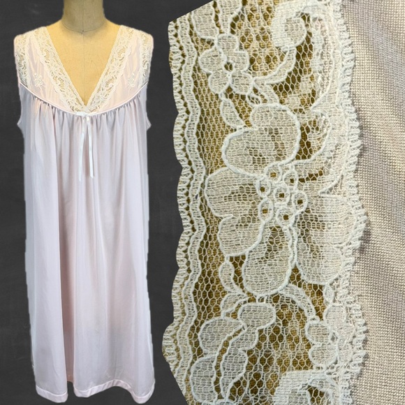 Vintage Other - VINTAGE pastel pink nylon silky‎ nightgown embroidered floral lace midi 80s